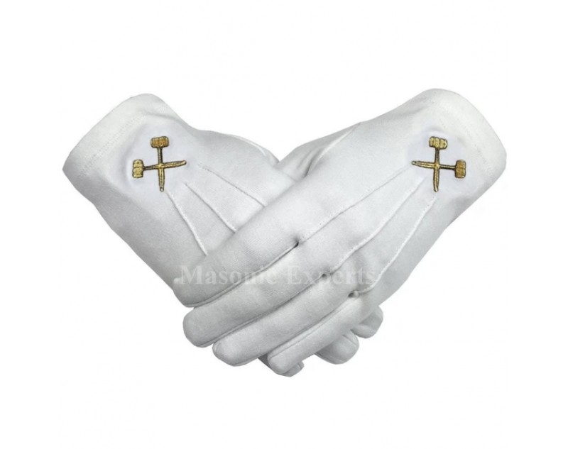 Masonic Crossed Trowels Machine Embroidery White Cotton Gloves